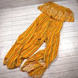 Coco + Jaimeson Yellow Striped Embroidered Off Shoulder Wide Leg Jumpsuit Medium